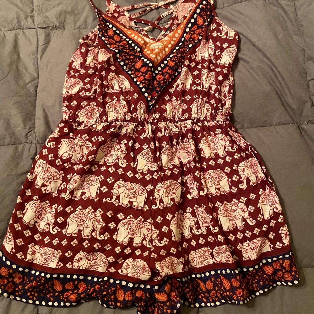 Burgundy and white elephant pattern romper